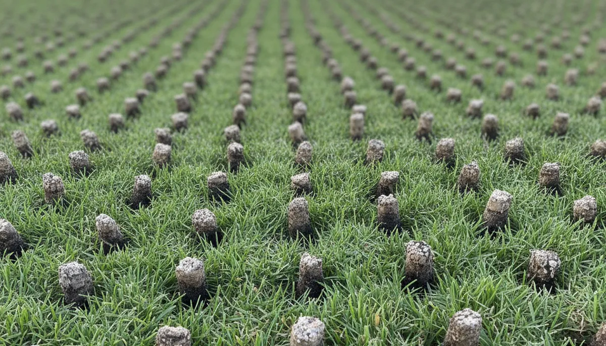 Close-up of soil core plugs from lawn aeration service in Chico, CA by Chop Chop Landscaping